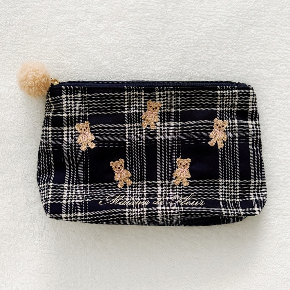 Japanese Maison De Fleur Navy Blue Plaid Bear Bow Pom Pom Small Makeup Pouch Bag